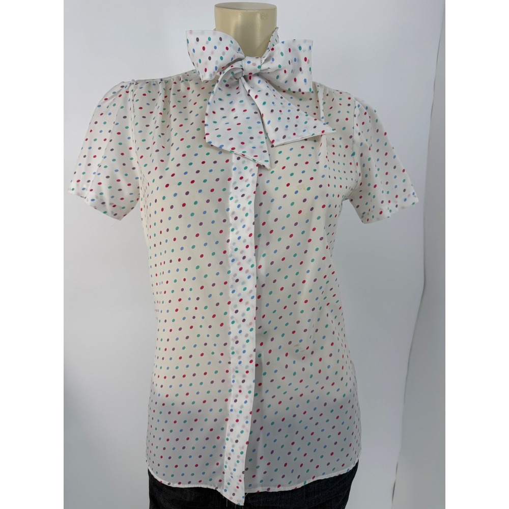 Vintage 80s Laura‎ Mae Secretary Blouse White Confetti Polka Dot Bow Tie USA M